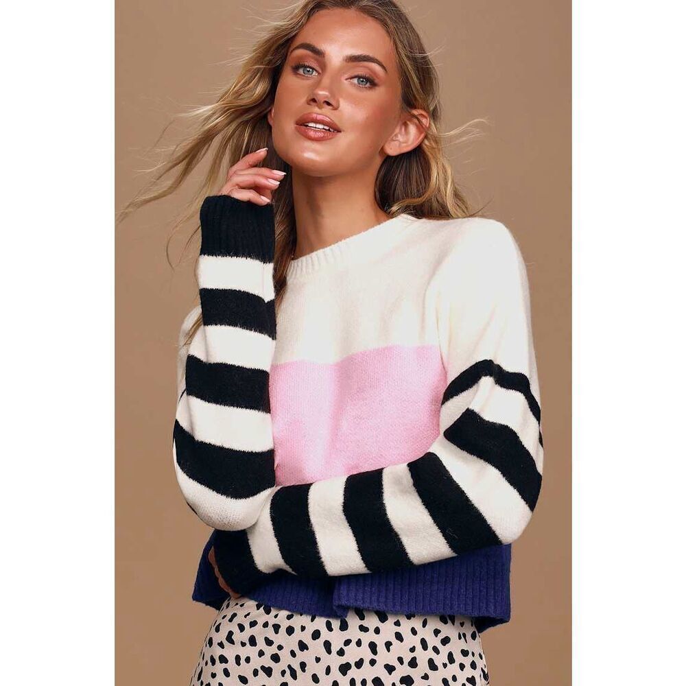 Lulu’s Only the Best White Multi Color Block Knit Sweater Medium
